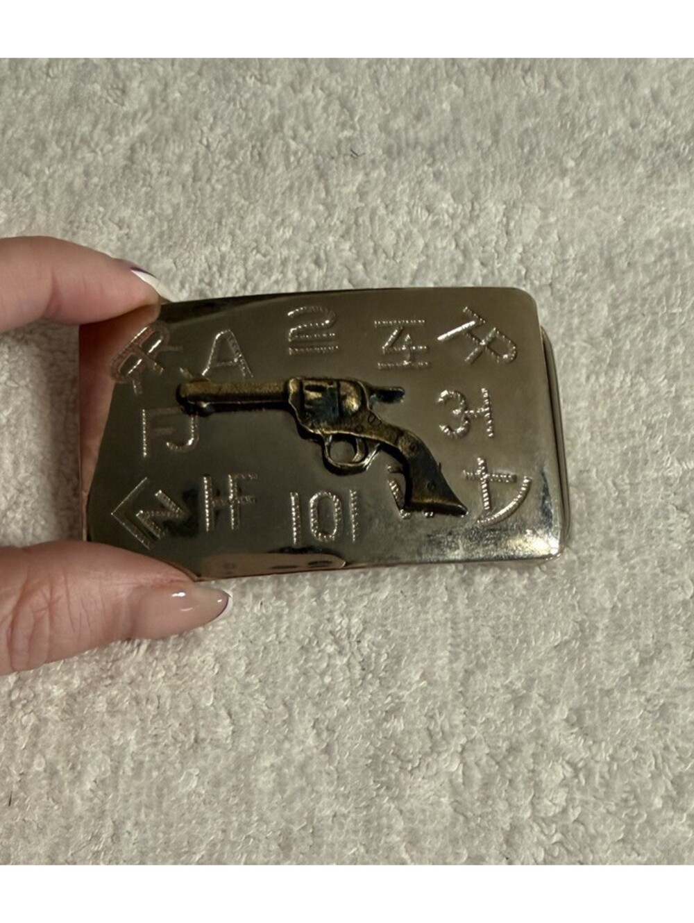 Western Revolver Belt Buckle by Chambers Belt Company / Silver Color Made in USA